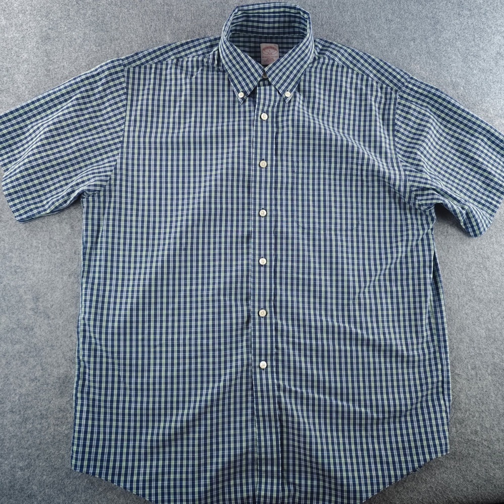 Brooks Brothers Shirt Mens Large Short Sleeve Plaid Blue Green Button Down 346
